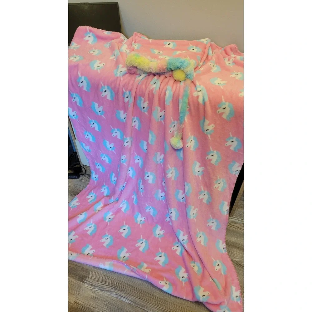 Justice Unicorn Blanket in a Bag Rainbow Tie Dye Plush Throw Pink Fleece Large